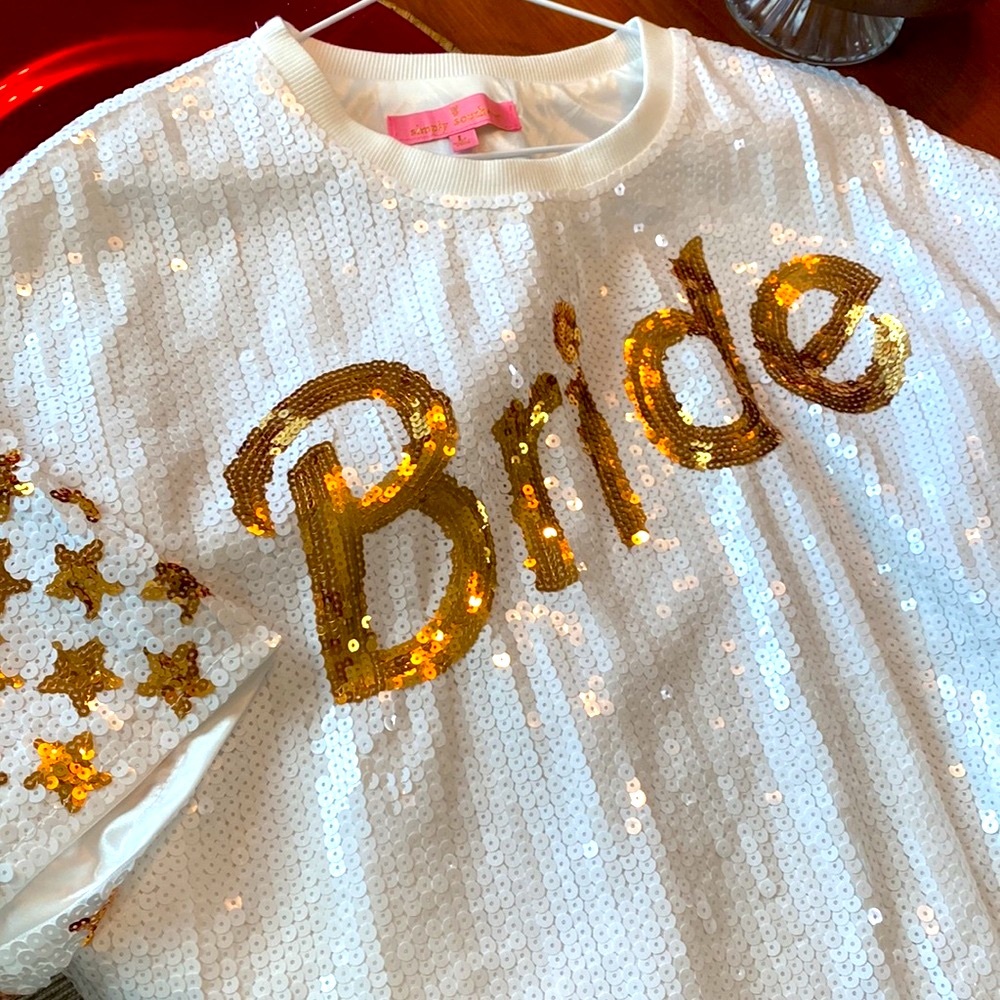 Simply Southern Beautiful Sequin All Over Bride White & Gold Top - Sz Large